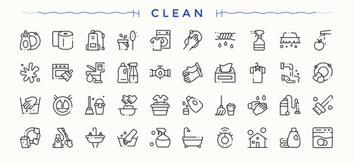 Clean icon set. Outline icons collection. Contains such icons as cleaning, wash, cleaner, housekeeping, sweep. Vector artwork and illustration. Sweep icon set.