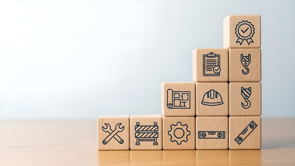 Construction Engineering Project Progress Wooden Blocks Icons Copy Space