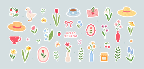 Cozy vintage cottage spring stickers with flowers, leaves, tea, vases 