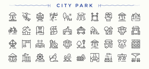 City Park icon collection. Thin line icons set. Editable stroke. Outdoor icon. Pack of house, land, town, cityscape, playground and more.