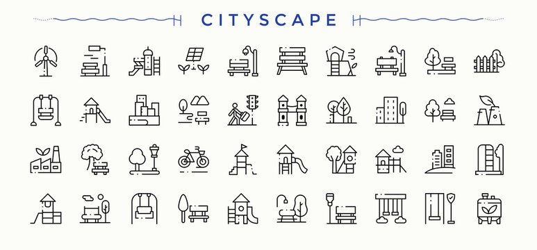 Cityscape linear icon set. Minimalist linear icons. Editable vector stroke. Ground icon set. Contains outline symbols like lake, city park, urban, park, outdoor and more.