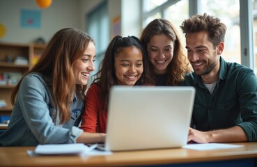 Four students collaborate with teacher using laptop in classroom setting. Young adults learn coding together during high school lesson. Diverse group focuses on computer science project, sharing
