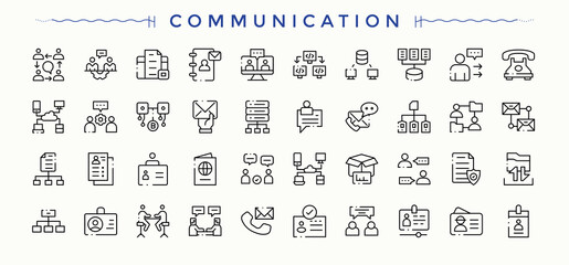 Communication linear icon set. Minimal icons set. Art and illustration. Contact icon set. Pictograms of assist, contact, phone, mail and more.