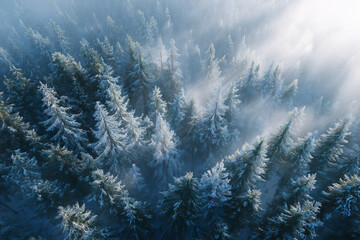 aerial view of dense frosted pine forest covered in heavy fog and snow
