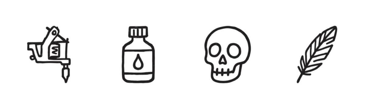Four hand-drawn black-and-white tattoo-related icons including a machine, ink bottle, skull, and feather are presented in a simple, bold outline style