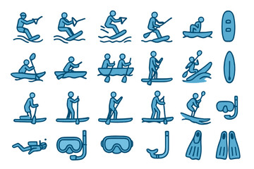 People engaging in various water sports like kayaking, paddle boarding, and snorkeling at the beach during sunny weather