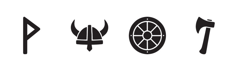 Fototapeta premium Four black silhouette Viking cultural icons are displayed in a graphic style, featuring a rune, a horned helmet, a round shield, and an axe, evoking ancient Norse history