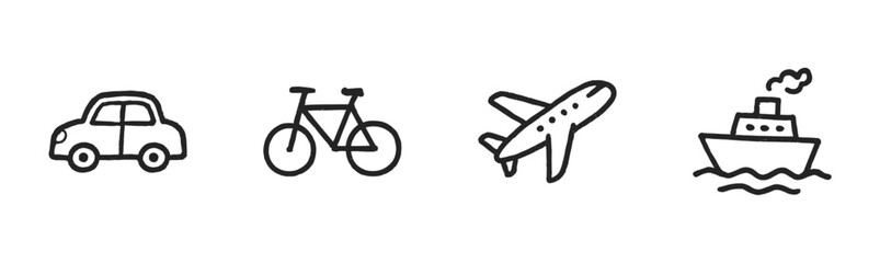 Fototapeta premium Four simple hand-drawn transportation icons are displayed in a clean, minimalist doodle style, representing various travel methods with a cheerful and accessible feel