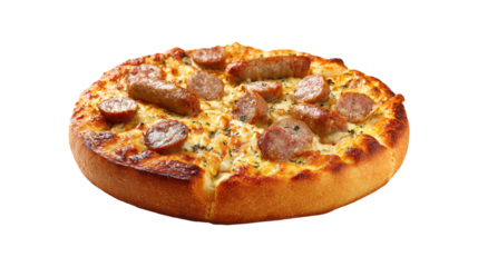 A pizza with sausage toppings is sitting on a white background