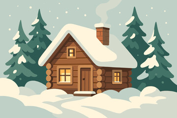 Charming log cabin surrounded by snowy trees under a winter sky in a quiet forest setting