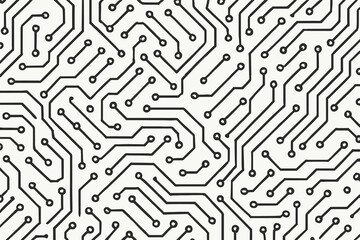 Lines and dots form a complex circuit design on a plain background, illustrating technology and connection in modern electronics