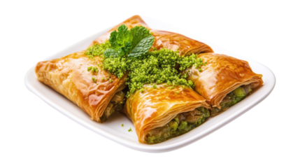 A plate of food with a green leaf 