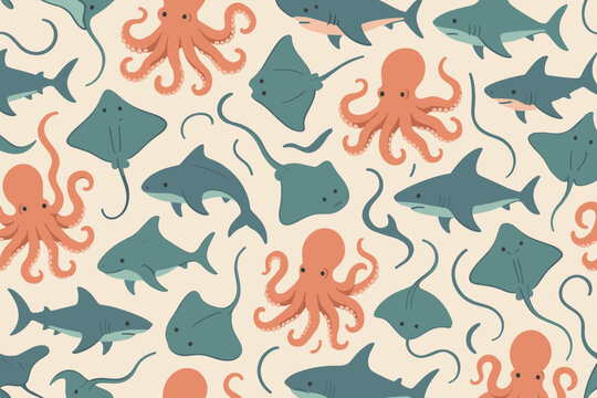 Colorful ocean creatures swim in a busy underwater scene with sharks, octopuses, and stingrays on a light background