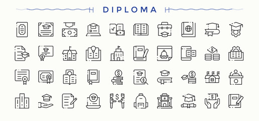 Diploma icon set. College ui icons set in a thin style. Outline icons in linear style. Graduation linear icon set. Vector collections.