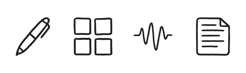 Four simple hand-drawn black outline icons depict a pen, a grid of squares, a wavy line, and a document, presented in a minimalist, modern doodle style