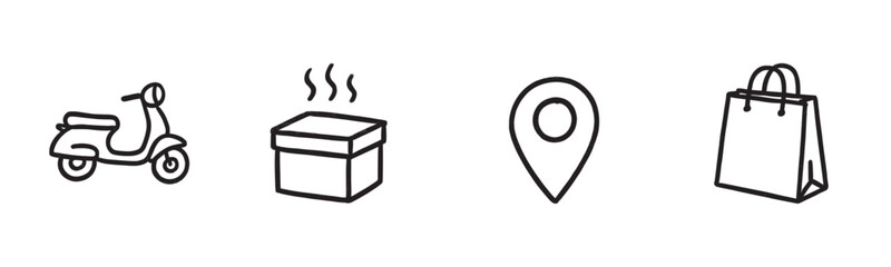 Set of simple hand-drawn black line icons illustrates modern online shopping and delivery concepts, including a scooter, a steaming box, a location pin, and a shopping bag