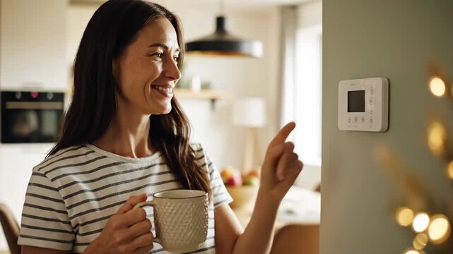 Woman adjusting smart thermostat holding hot drink indoors at home controlling energy efficiency and comfort daily life scene