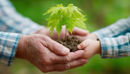 Elderly Man And Infant Carefully Holding New Maple Tree In Hands Amid Lush Spring Foliage. Emphasizing Environmental Conservation And Protection.