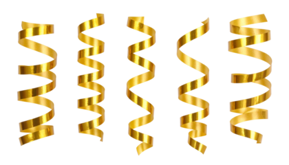 Five golden ribbon streamers, curled and spiraling, against a stark black background