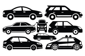Fototapeta premium Collection of black silhouettes various car models sedan suv station wagon hatchback