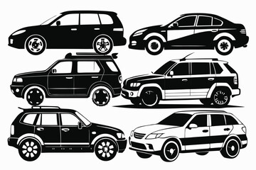 Naklejka premium Collection of black silhouettes various car models suv sedan crossover vehicles transportation automotive design