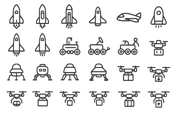 Various rocket, drone, and vehicle icons on a simple background showing different designs and types of air and ground transport