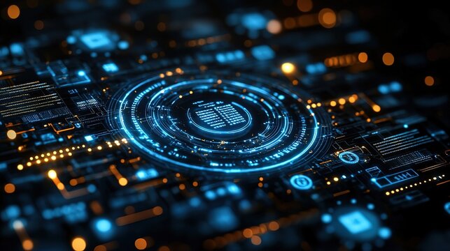 High - Tech Circuit Board with Digital Interface and Glowing Elements