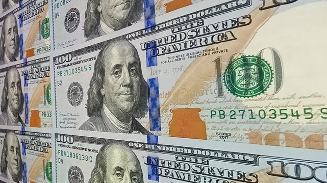 Dynamic movement over structured layers of 100 dollar bills presenting an exclusive business visual that reflects investment strategy and the powerful circulation of cash and money