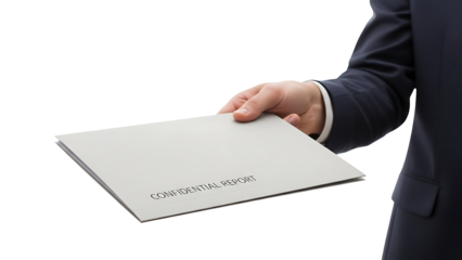 An Elegant hand holds a confidential file. The man is wearing a suit