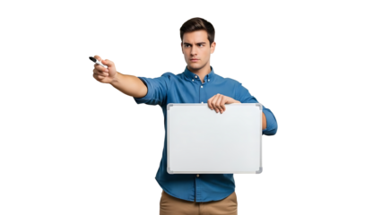 Focused man gesturing with a marker and whiteboard. This image captures a man in a business setting, using a whiteboard and marker to present an idea, or teaching a lesson. 