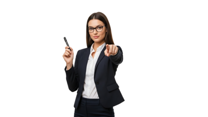 A businesswoman confidently pointing at viewer