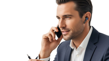 A businessman wearing wireless earbuds talking on phone