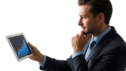 A businessman analyzes a graph on a digital tablet