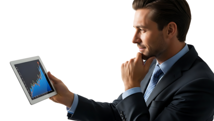 A businessman analyzes a graph on a digital tablet