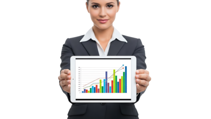 Successful businesswoman presenting growth charts on tablet
