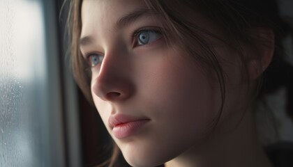 Stunning Girl Gazing Through The Window, Admiring The Scenic Outdoor View In All Its Glory And Beauty. An Captivating Sight.