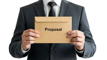 A business person holding a Proposal envelope