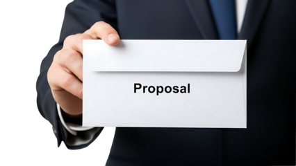 A person holding a Proposal. The image features a person's hand presenting a proposal envelope. The background is a suit jacket, symbolizing professionalism and business communication.