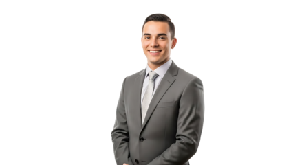 A handsome businessman dressed in a smart grey suit smiling. The man has a confident expression on his face, indicating a sense of professional success