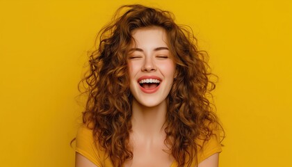 Young Happy Woman In Her 20s With Curly Hair And Casual Attire Dancing And Having Fun At A Party With Eyes Closed In A Plain Yellow Studio Portrait.