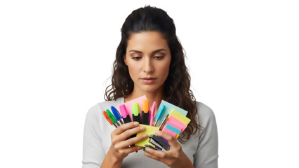A woman carefully inspecting her colorful office supplies. She appears to be making a selection from her array of pens, markers, and sticky notes.
