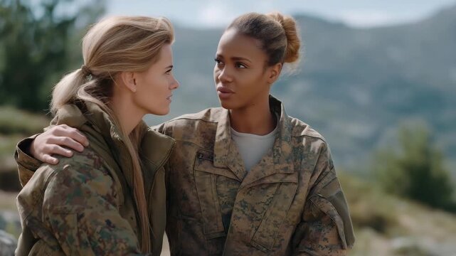 A servicewoman gently comforting a nervous recruit during early training, placing a reassuring hand on their shoulder while offering calm instructions &mdash; emotional military mentorship, compassionate