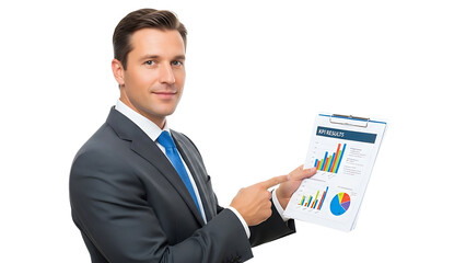 A businessman presenting a financial report with charts and graphs