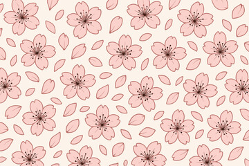 Pattern of pink flowers and leaves on light background with simple design during spring season