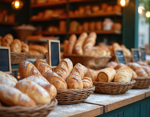 Fresh artisan bread and pastries fill wicker baskets at a traditional food market stall. Warm, golden baked goods offer a delicious visual feast for shoppers seeking morning treats.
