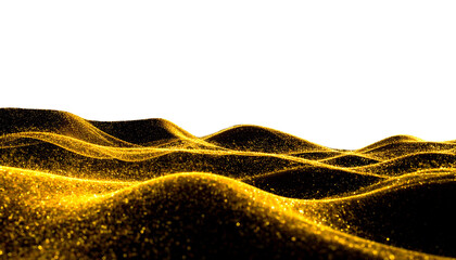 Shimmering golden waves undulate against a stark black background, creating an abstract design
