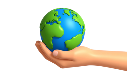 Cartoon hand cradling a stylized, 3D Earth globe against a black background