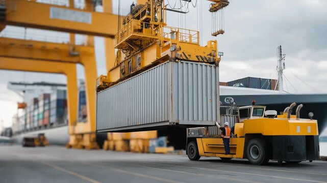 An automated gantry crane lowering a fully loaded container onto the ship&rsquo;s deck, workers monitoring alignment on handheld tablets while storm clouds gather offshore &mdash; port operations efficiency,