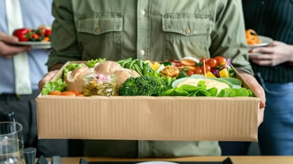Delicious selection of fresh vegetables, bread, and salads is shared among friends at a cheerful gathering, promoting healthy eating