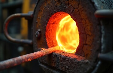 Close view of metal rod heated in bright orange furnace flame. Craftsman shapes glowing metal in fiery industrial forge. Intense heat burns in workshop kiln. Heavy industry production.